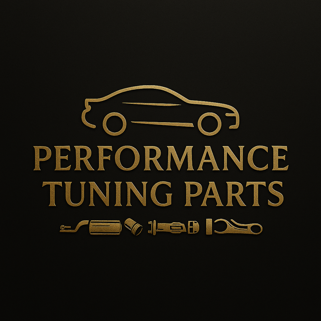 Luxury gold logo for Performance Tuning Parts featuring a sports car silhouette and automotive icons, symbolizing premium BMW, Audi, Volkswagen, and Toyota Supra aftermarket upgrades.