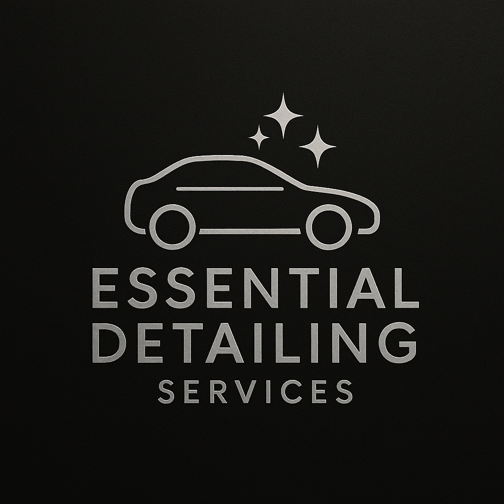 Metallic silver logo with a sleek car outline and text "Essential Detailing Services," representing core car care and detailing packages.