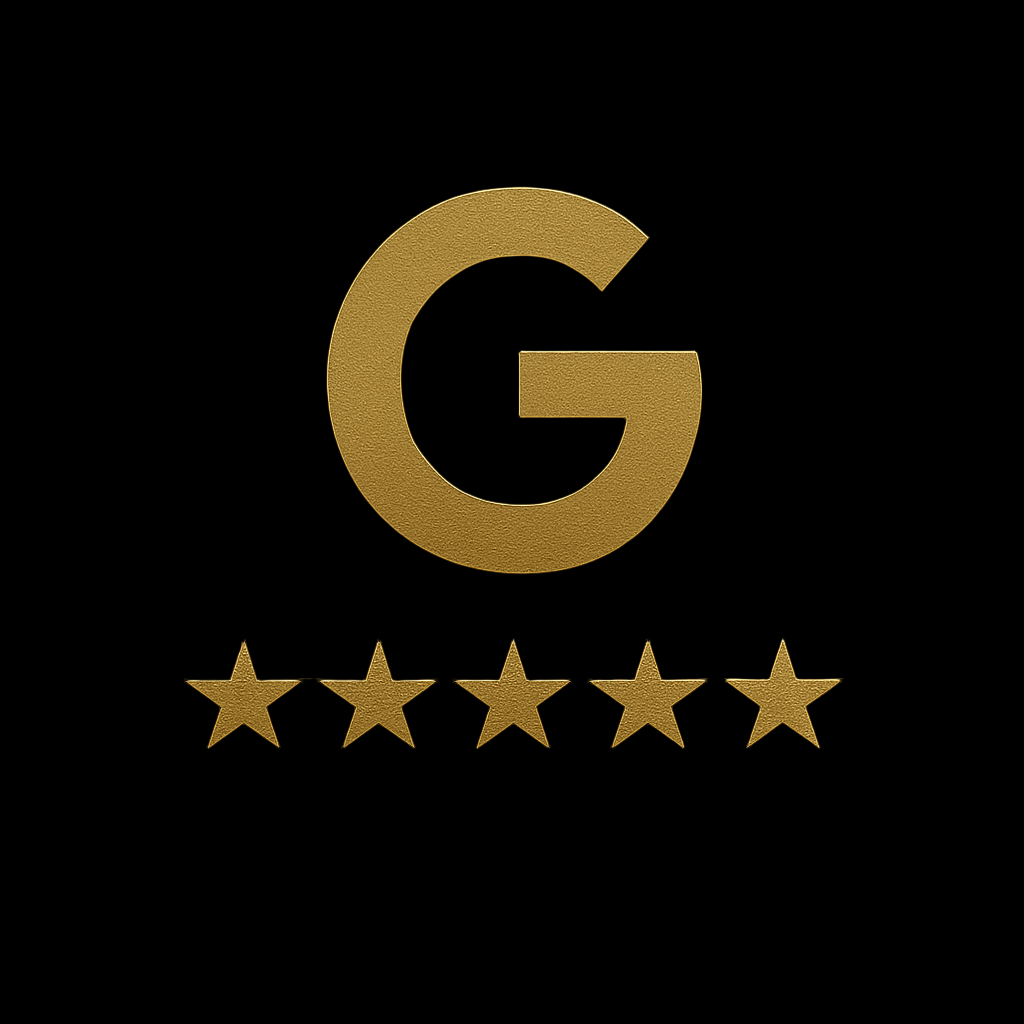 Gold badge with a large “G” and five stars, representing A&A Car Detailing’s 5-star rating on Google for luxury and everyday car detailing in Montréal & Laval.