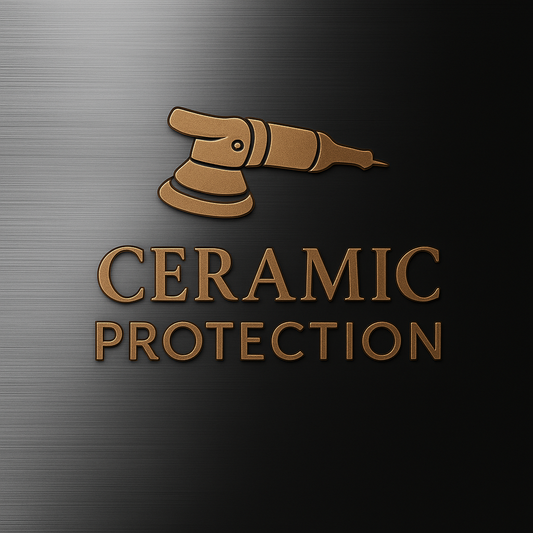 Bronze logo with polishing tool icon and text “Ceramic Protection” on a dark brushed background.
