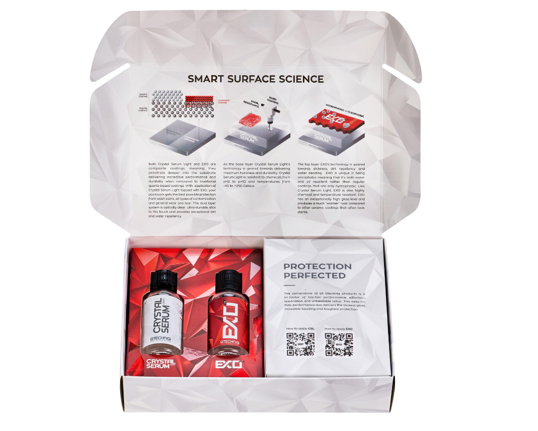 Open Gtechniq Crystal Serum Light and EXO V5 kit with bottles and instructions, included in the Royal Ceramic package.