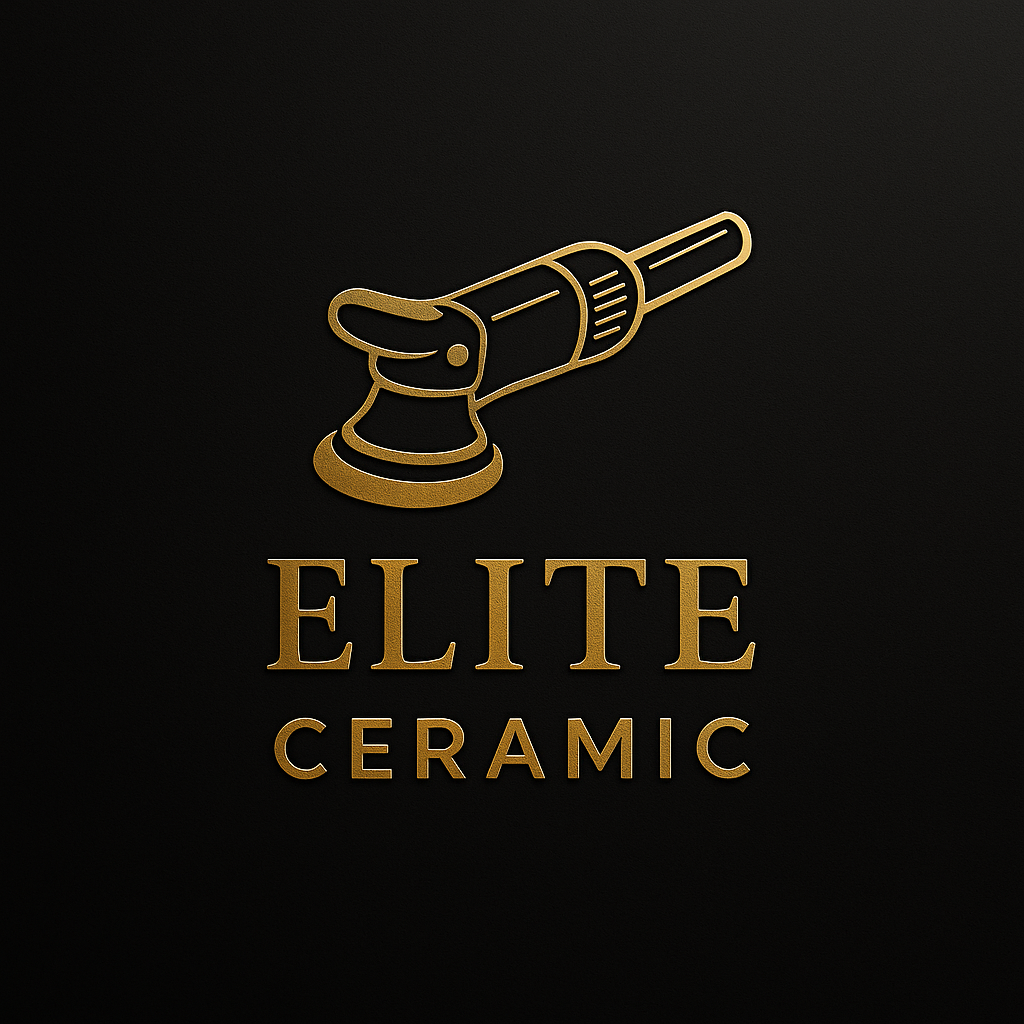 Gold logo of Elite Ceramic package with polishing machine icon on black background.