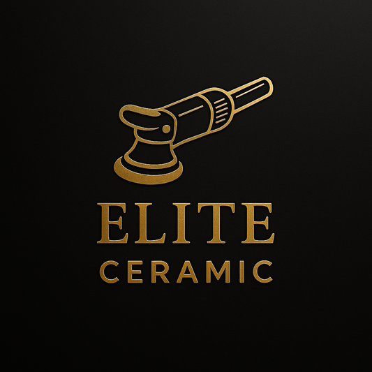 Gold logo of Elite Ceramic package with polishing machine icon on black background.