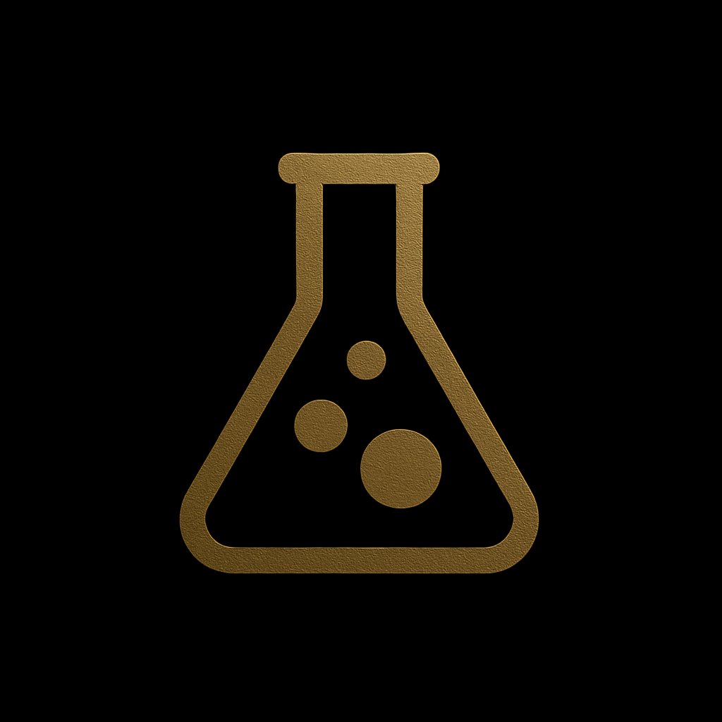 Gold chemical flask icon on matte black background, symbolizing A&A Car Detailing’s use of premium products and advanced protection in Montréal & Laval.