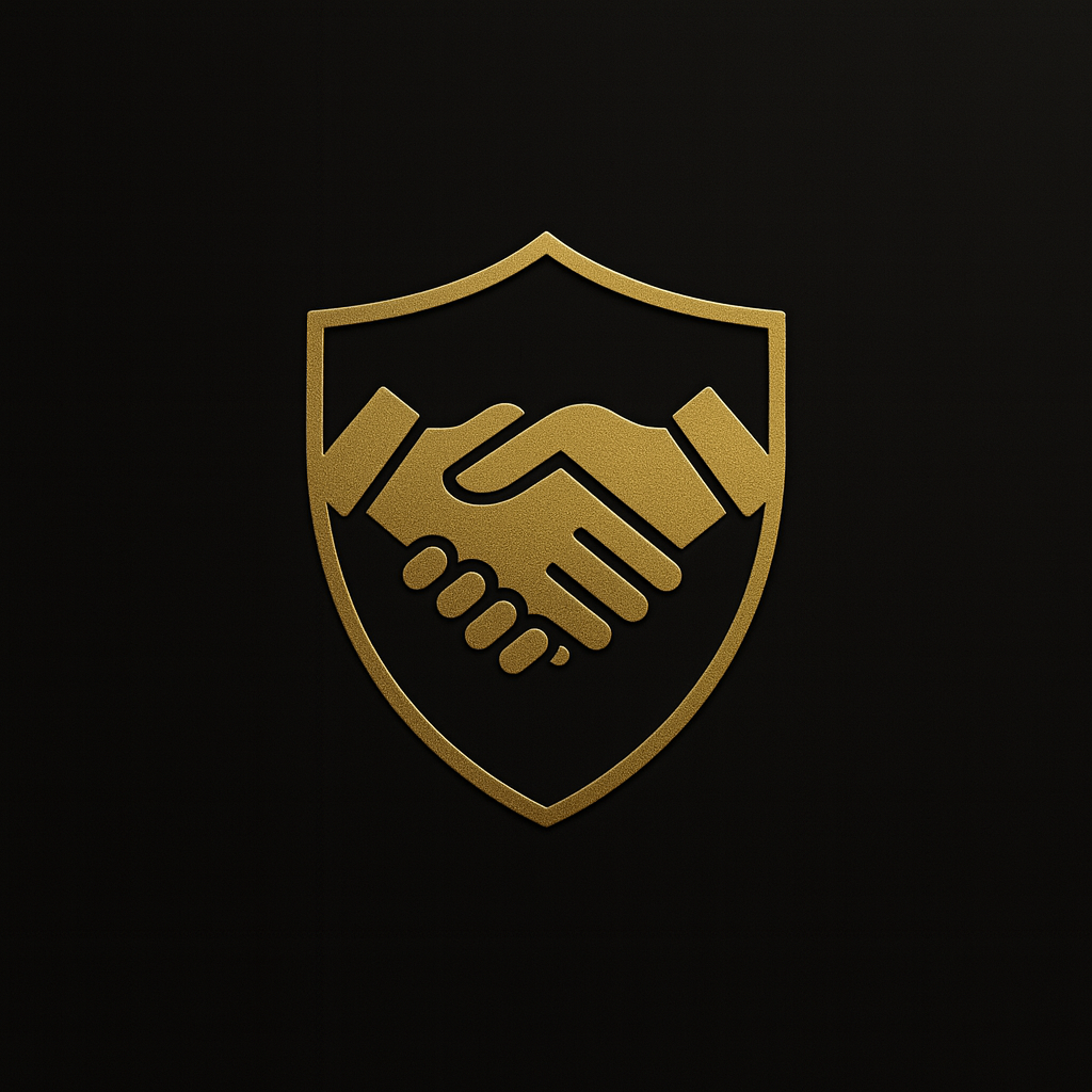 Elegant gold handshake inside a shield symbol on a black background, representing trust, care, and professionalism in luxury car detailing