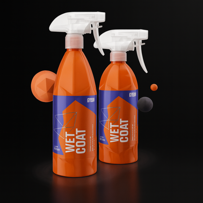 Two bottles of Gyeon WetCoat ceramic sealant spray, delivering instant hydrophobic protection and extreme gloss. Available at A&A Car Detailing in Montréal and Laval.