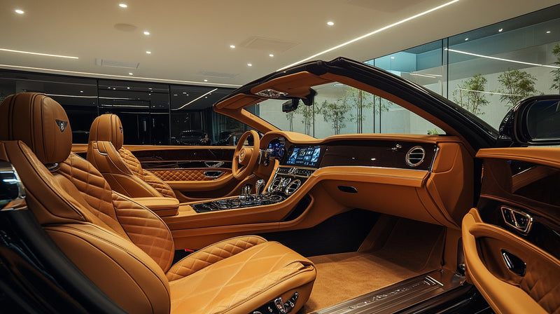 Luxury Bentley car interior with premium tan leather seats, diamond stitching, and polished dashboard – showcased by A&A Car Detailing in Montréal & Laval.